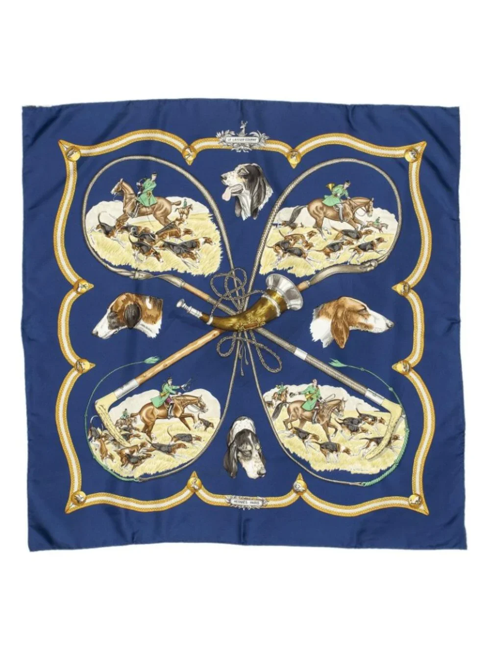 ★SOLD★ Hermes Scarf Navy Brown 100% Gold Twill Silk - Picture 2 of 5
